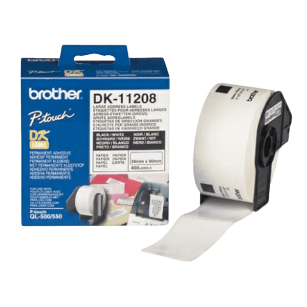 Brother DK11208 Sort tekst / Hvid tape 38 x 90 mm, 400 stk. tape - Original