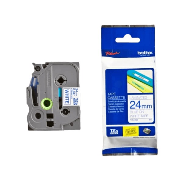 Brother TZe253 Blå tekst / Hvid tape 24 mm x 8 m tape - Original