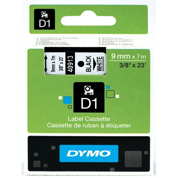 Dymo D1 40913 / S0720680 Sort tekst / Hvid tape 9 mm x 7 m tape - Original