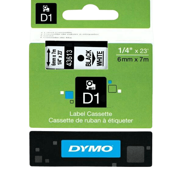 Dymo D1 43613 / S0720780 Sort tekst / Hvid tape 6 mm x 7 m tape - Original